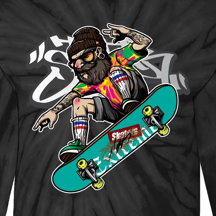 Hipster Riding Skateboard Tie-Dye Long Sleeve Shirt