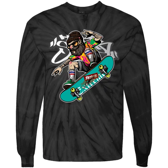 Hipster Riding Skateboard Tie-Dye Long Sleeve Shirt