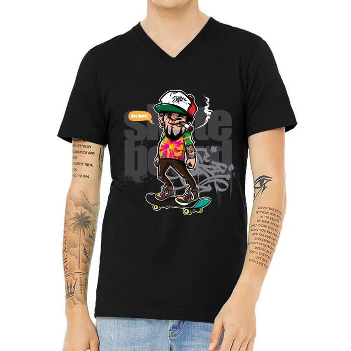 Hipster Riding Skateboard V-Neck T-Shirt