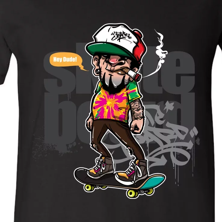 Hipster Riding Skateboard V-Neck T-Shirt