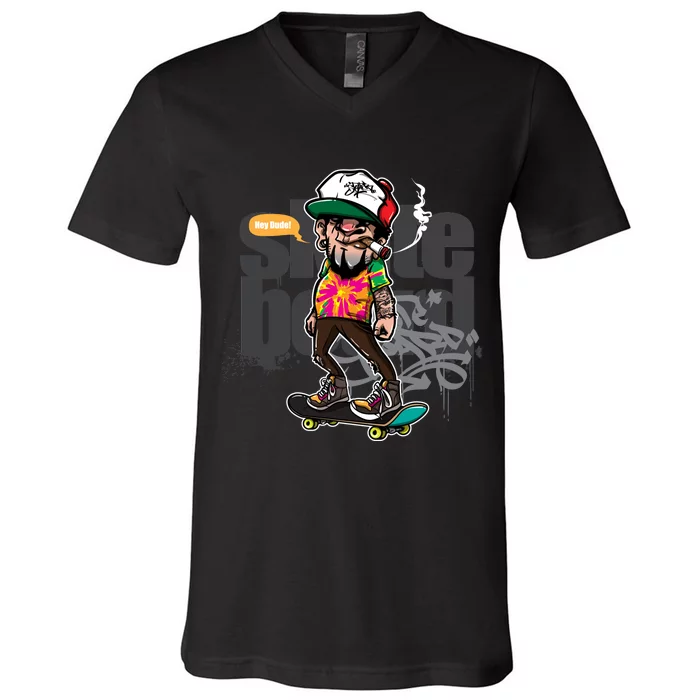 Hipster Riding Skateboard V-Neck T-Shirt