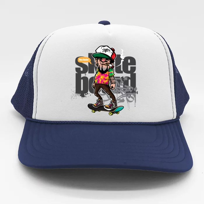 Hipster Riding Skateboard Trucker Hat