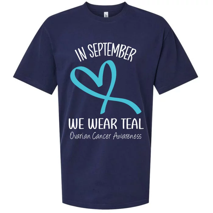 Heart Ribbon September We Wear Teal Ovarian Cancer Awareness Sueded Cloud Jersey T-Shirt