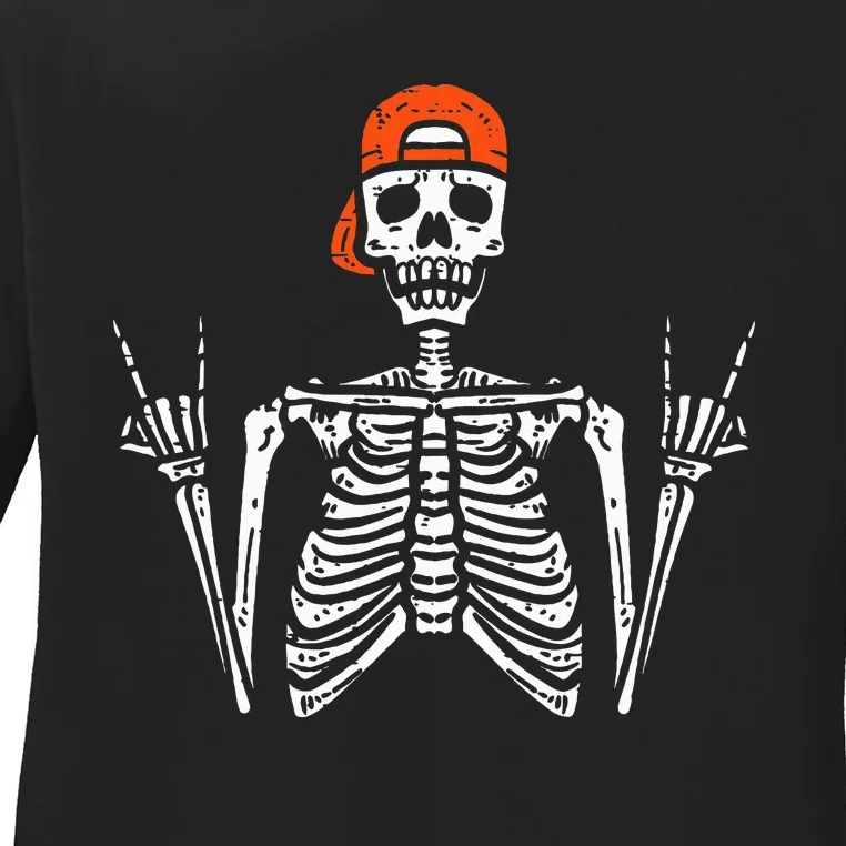 Halloween Rocker Skeleton Rock Hand Skater Cool Ladies Long Sleeve Shirt