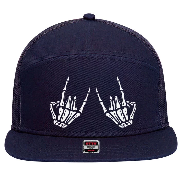 Halloween Rocker Skeleton Rock Hand On Skater 7 Panel Mesh Trucker Snapback Hat