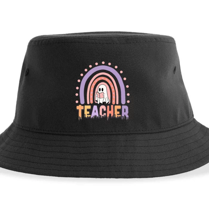 Halloween Rainbow Teacher Reading Ghost Sustainable Bucket Hat