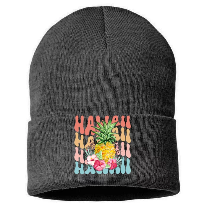 Hawaii Retro Tropical Pineapple Floral Sustainable Knit Beanie