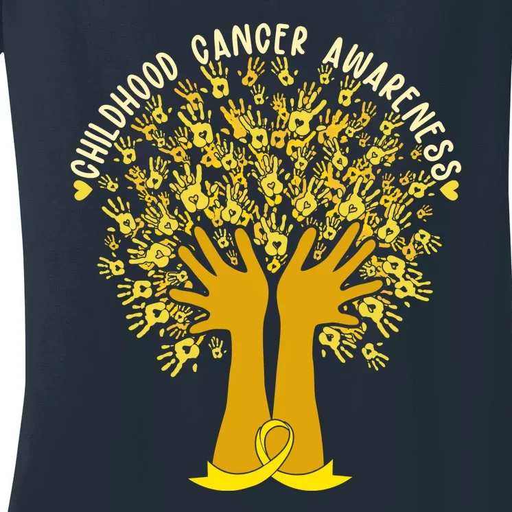 Handprint Ribbon Tree Childhood Cancer Awareness Women's V-Neck T-Shirt