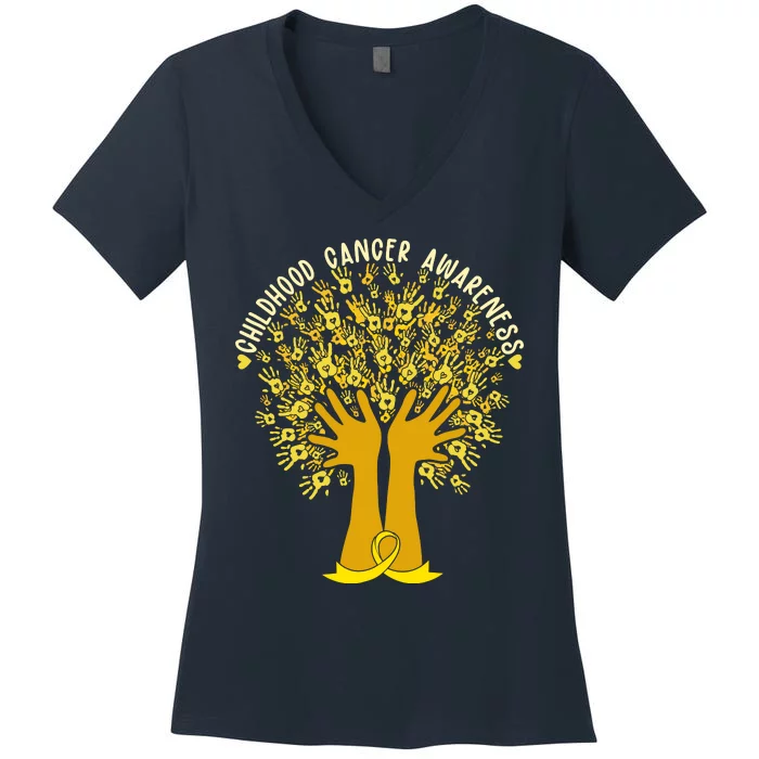 Handprint Ribbon Tree Childhood Cancer Awareness Women's V-Neck T-Shirt