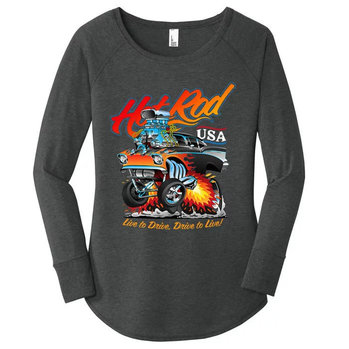 Hot Rod Usa Classic Muscle Car Cartoon Hotrod Funny Car Women's Perfect Tri Tunic Long Sleeve Shirt