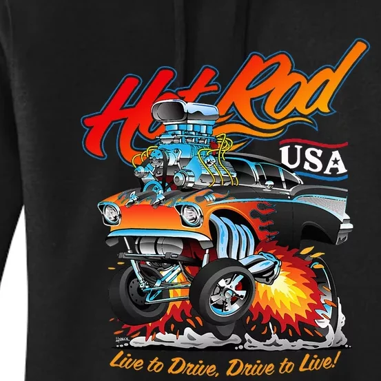 Hot Rod Usa Classic Muscle Car Cartoon Hotrod Funny Car Women's Pullover Hoodie