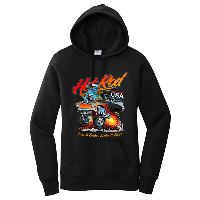 Hot Rod Usa Classic Muscle Car Cartoon Hotrod Funny Car Women's Pullover Hoodie