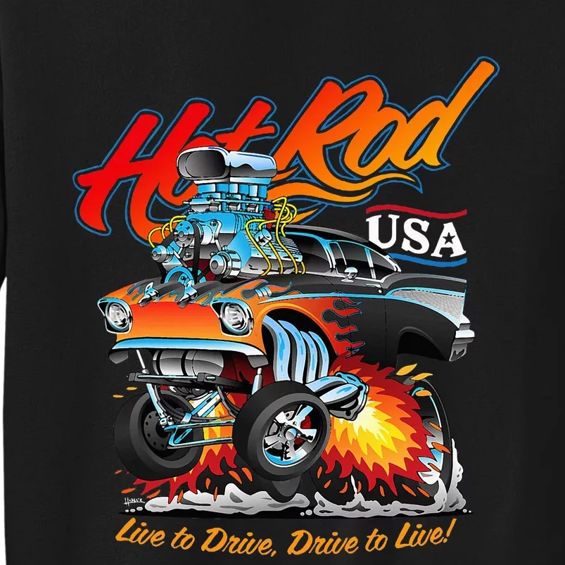 Hot Rod Usa Classic Muscle Car Cartoon Hotrod Funny Car Tall Sweatshirt