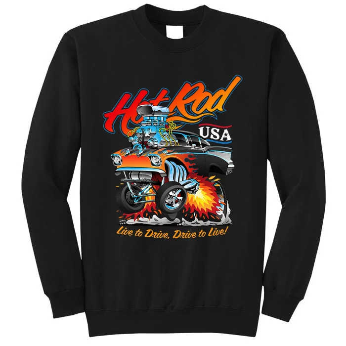 Hot Rod Usa Classic Muscle Car Cartoon Hotrod Funny Car Tall Sweatshirt