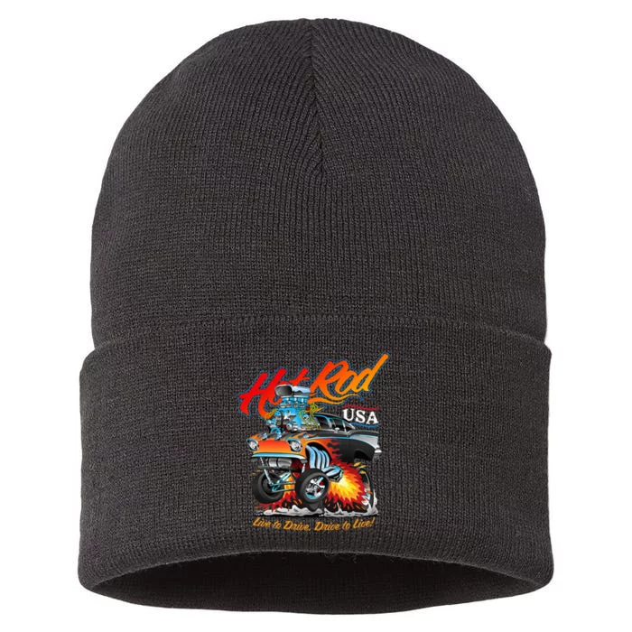 Hot Rod Usa Classic Muscle Car Cartoon Hotrod Funny Car Sustainable Knit Beanie