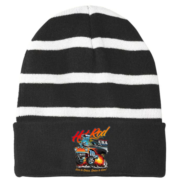 Hot Rod Usa Classic Muscle Car Cartoon Hotrod Funny Car Striped Beanie with Solid Band