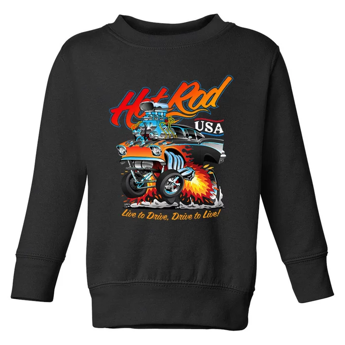 Hot Rod Usa Classic Muscle Car Cartoon Hotrod Funny Car Toddler Sweatshirt