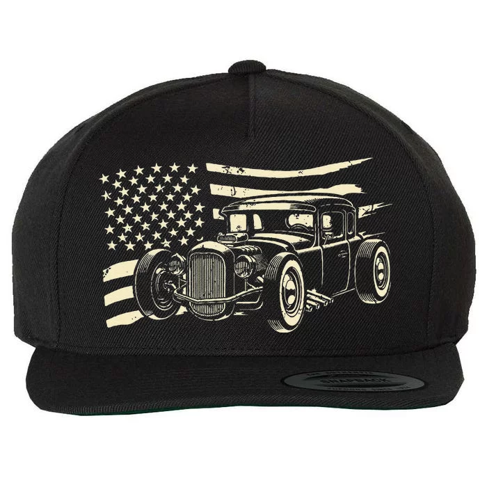 Hot Rod Vintage Us Flag Classic Muscle Car Patriotic Wool Snapback Cap