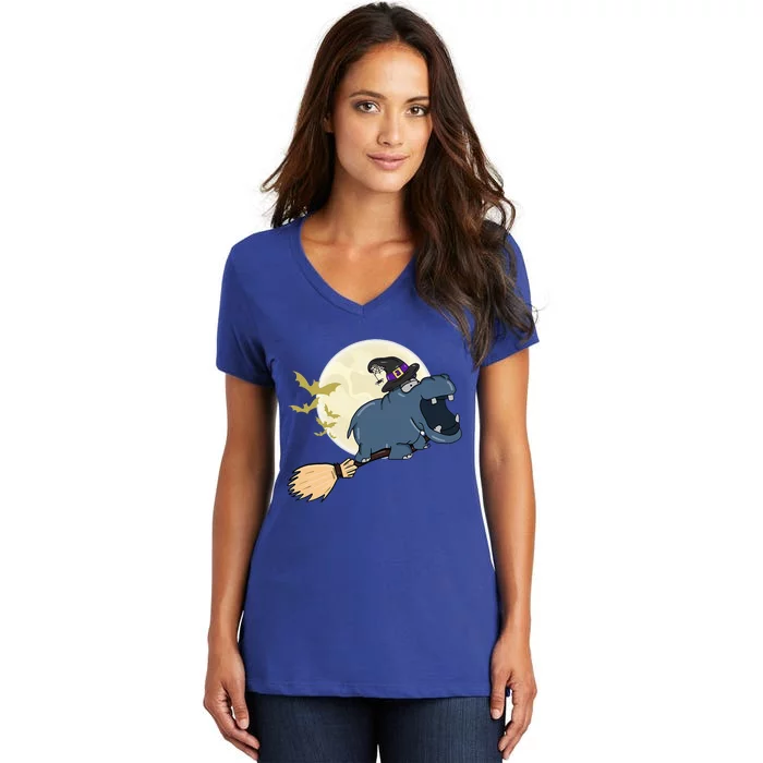 Hippo Ride Witch Shotgun Hippopotamus Halloween Women's V-Neck T-Shirt