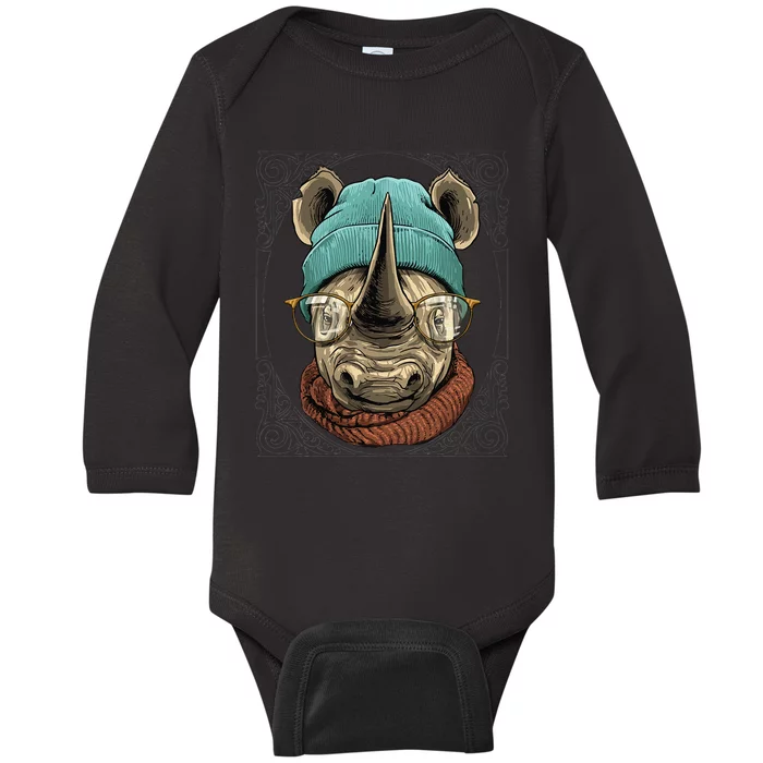 Hipster Rhinoceros Wearing Sunglasses Wildlife Rhino Lover Baby Long Sleeve Bodysuit