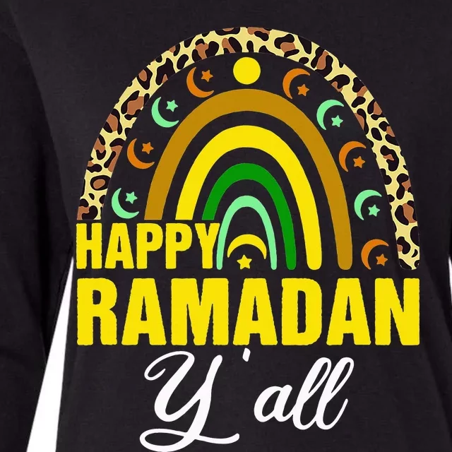 Happy Ramadan Y'all Rainbow Leopard Print Ramadan Kareem Womens Cotton Relaxed Long Sleeve T-Shirt