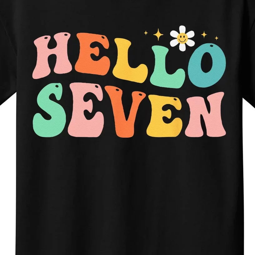 Hello Seven 7 Year Old 7th Birthday Girl Age 7 BDay Groovy Kids T-Shirt