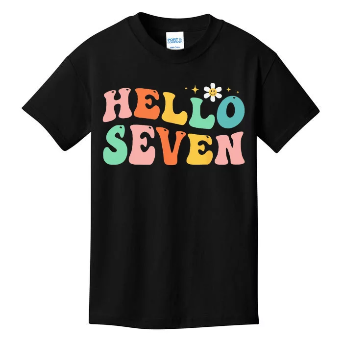 Hello Seven 7 Year Old 7th Birthday Girl Age 7 BDay Groovy Kids T-Shirt