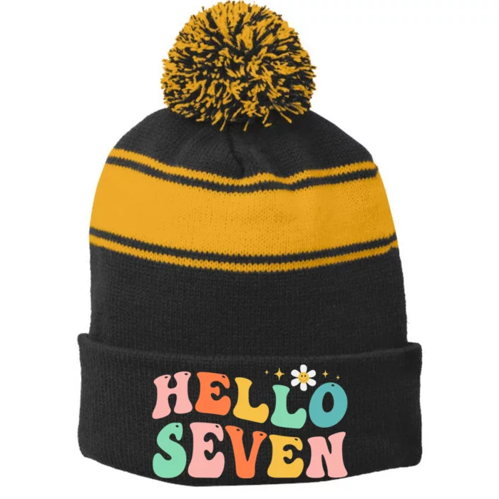 Hello Seven 7 Year Old 7th Birthday Girl Age 7 BDay Groovy Stripe Pom Pom Beanie