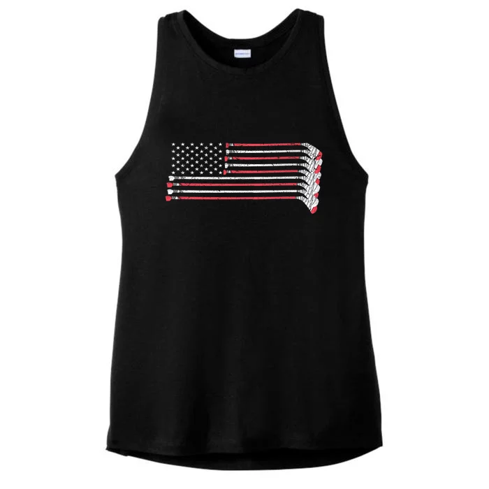 Hockey Sticks American Flag Ladies Tri-Blend Wicking Tank