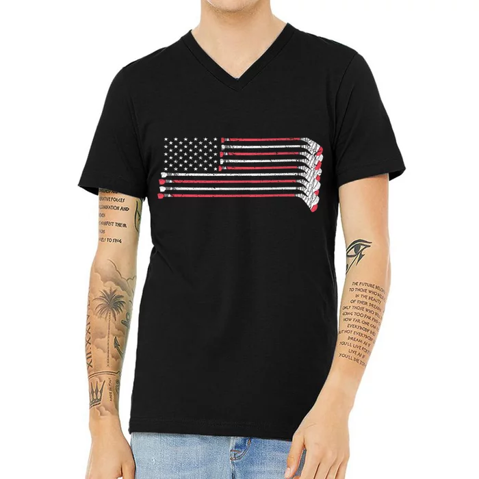 Hockey Sticks American Flag V-Neck T-Shirt