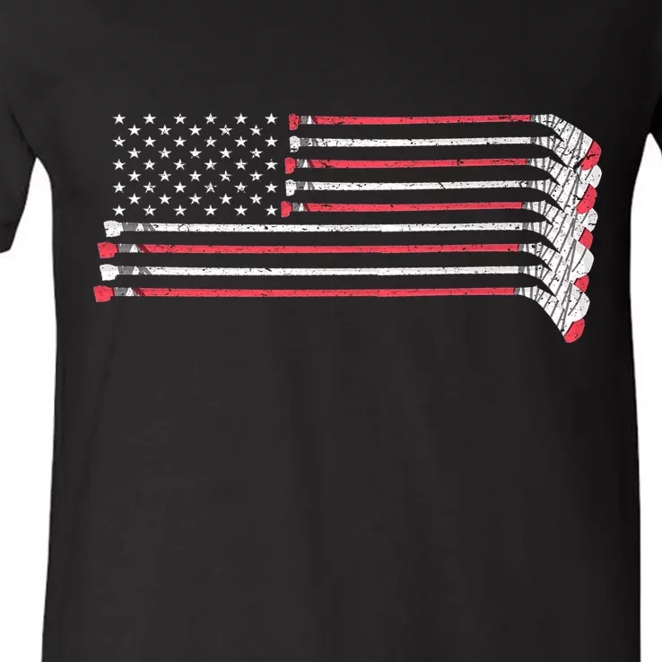 Hockey Sticks American Flag V-Neck T-Shirt