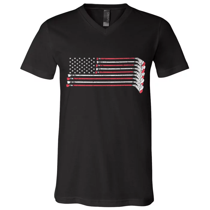 Hockey Sticks American Flag V-Neck T-Shirt