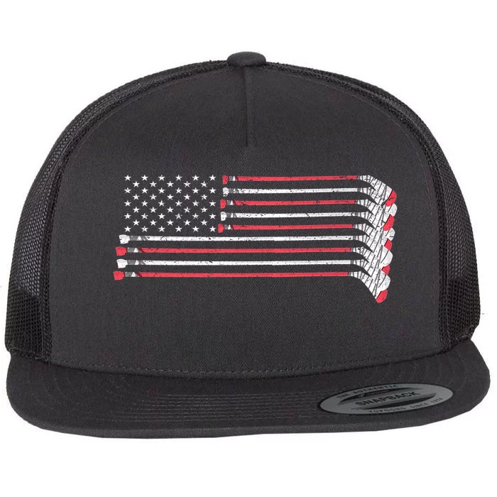 Hockey Sticks American Flag Flat Bill Trucker Hat