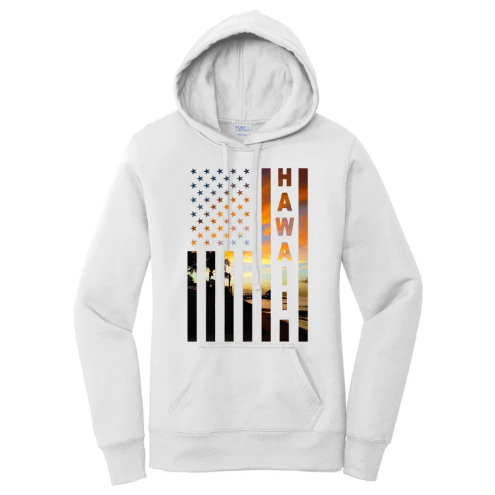 Hawaii Sunset American Flag Honolulu Hawaiian Island Women's Pullover Hoodie