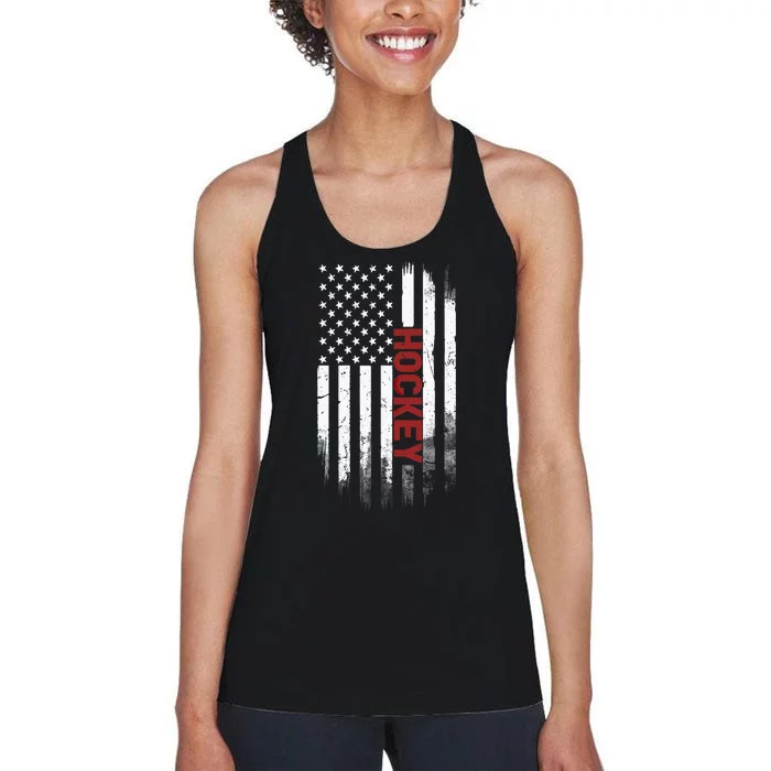 Hockey Stick American Flag Sports Patriotic Hockey Player Women's Racerback Tank