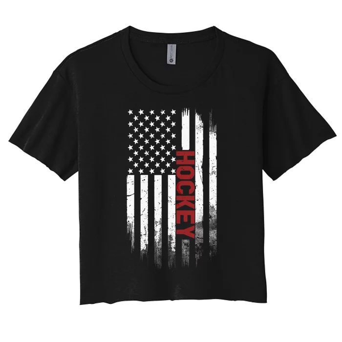 Hockey Stick American Flag Sports Patriotic Hockey Player Women's Crop Top Tee