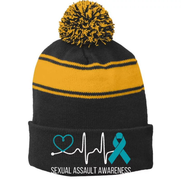 Heartbeat Sexual Assault Awareness Month Teal Ribbon Support Stripe Pom Pom Beanie