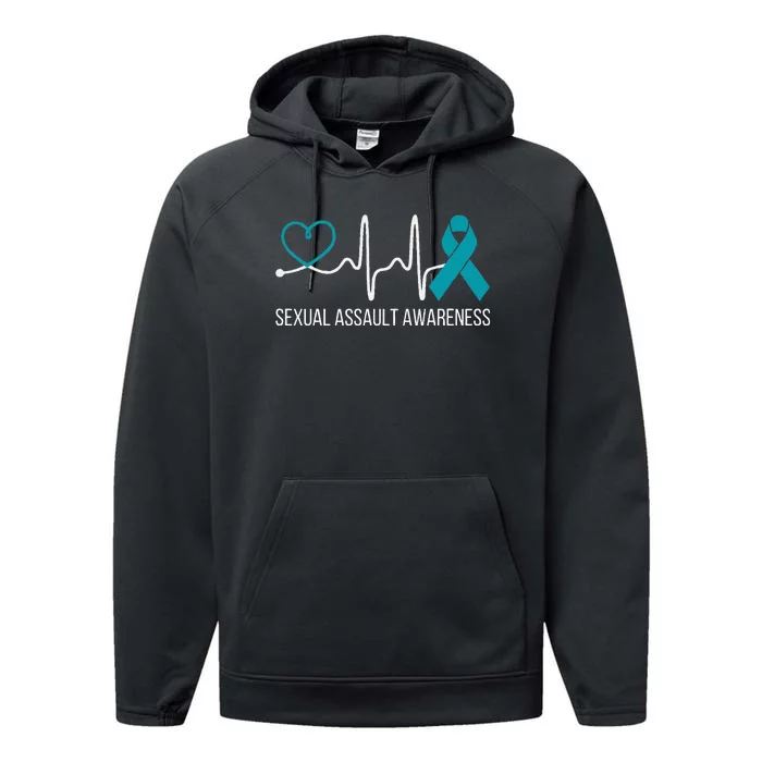 Heartbeat Sexual Assault Awareness Month Teal Ribbon Support Performance Fleece Hoodie