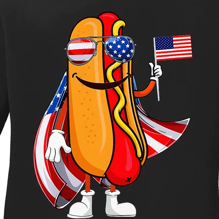 Hotdog Sunglasses American Flag Usa Funny 4th Of July Ladies Long Sleeve Shirt