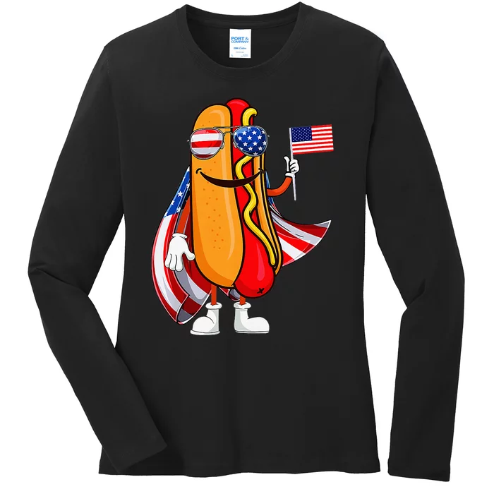 Hotdog Sunglasses American Flag Usa Funny 4th Of July Ladies Long Sleeve Shirt