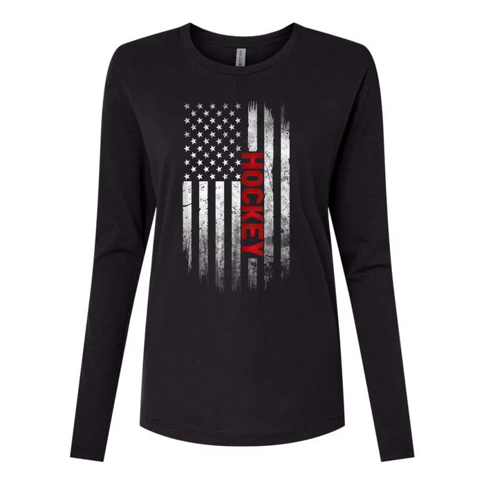 Hockey Stick American Flag Sports Patriotic Hockey Player Womens Cotton Relaxed Long Sleeve T-Shirt