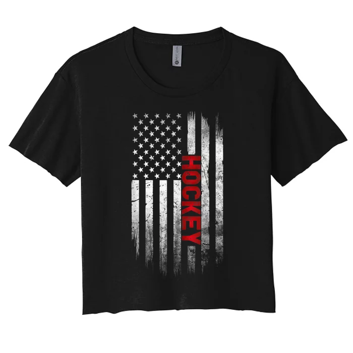 Hockey Stick American Flag Sports Patriotic Hockey Player Women's Crop Top Tee