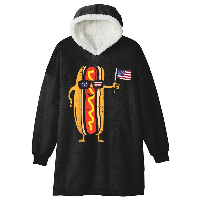 Hotdog Sunglasses American Flag USA Funny 4th Of July Fourth Hooded Wearable Blanket