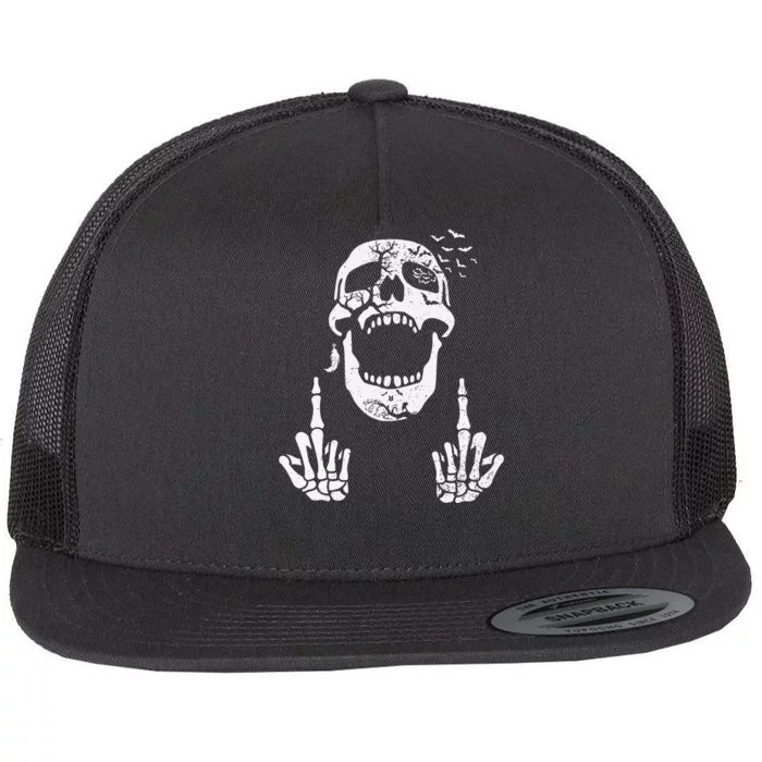 Halloween Skeleton Bones Middle Finger Skull Flat Bill Trucker Hat