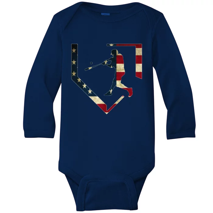 High School Baseball Season College Ball Player USA Flag Baby Long Sleeve Bodysuit