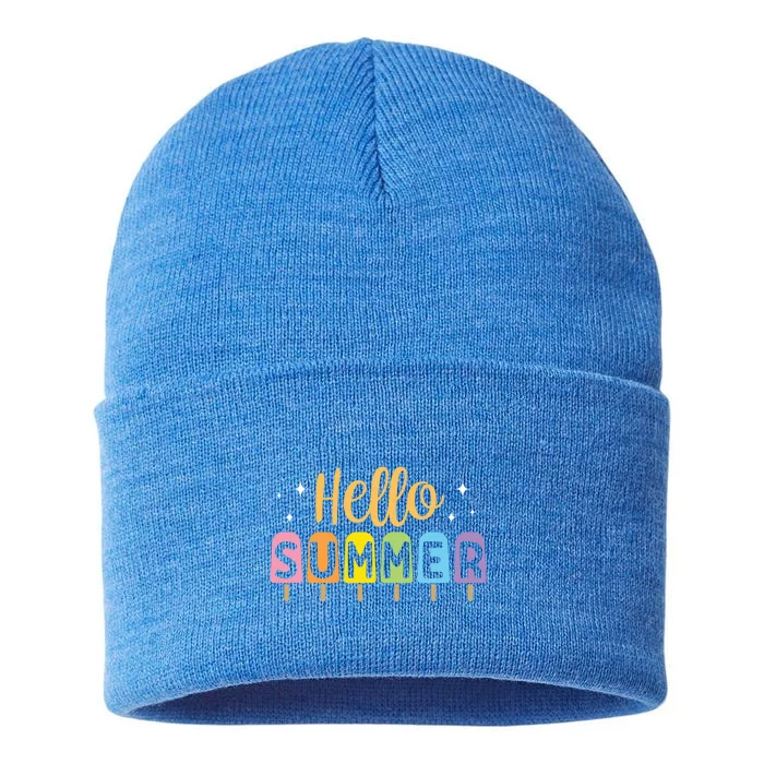 Hello Summer Break Vacation Travel Outdoors Beach Sunset Cute Gift Sustainable Knit Beanie