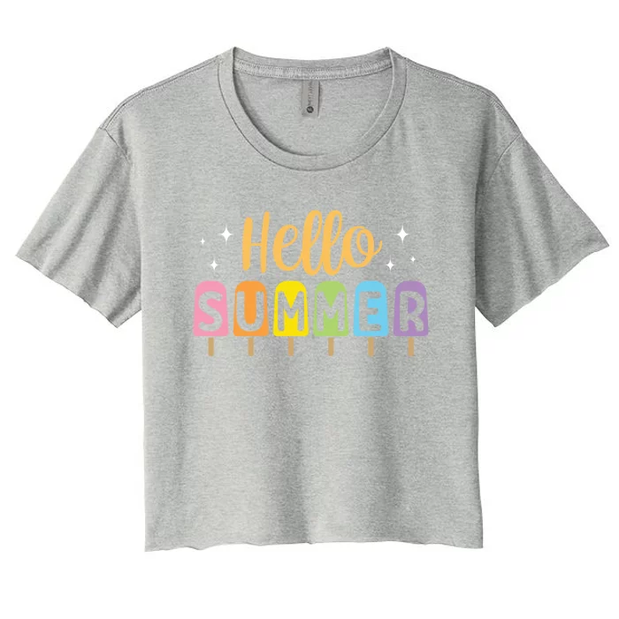 Hello Summer Break Vacation Travel Outdoors Beach Sunset Cute Gift Women's Crop Top Tee