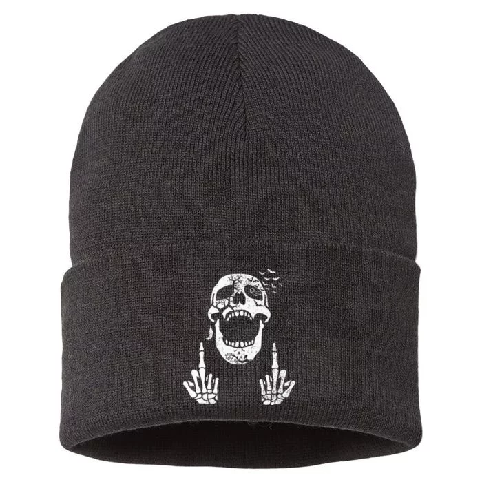 Halloween Skeleton Bones Middle Finger Skull Sustainable Knit Beanie