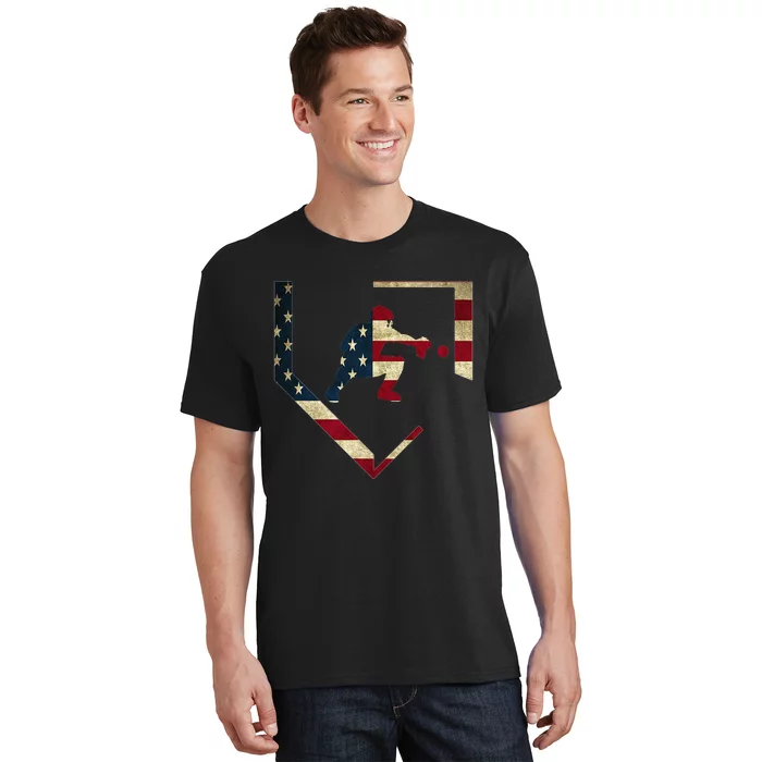 High School Baseball Catcher Gear American Flag Gift Sports T-Shirt