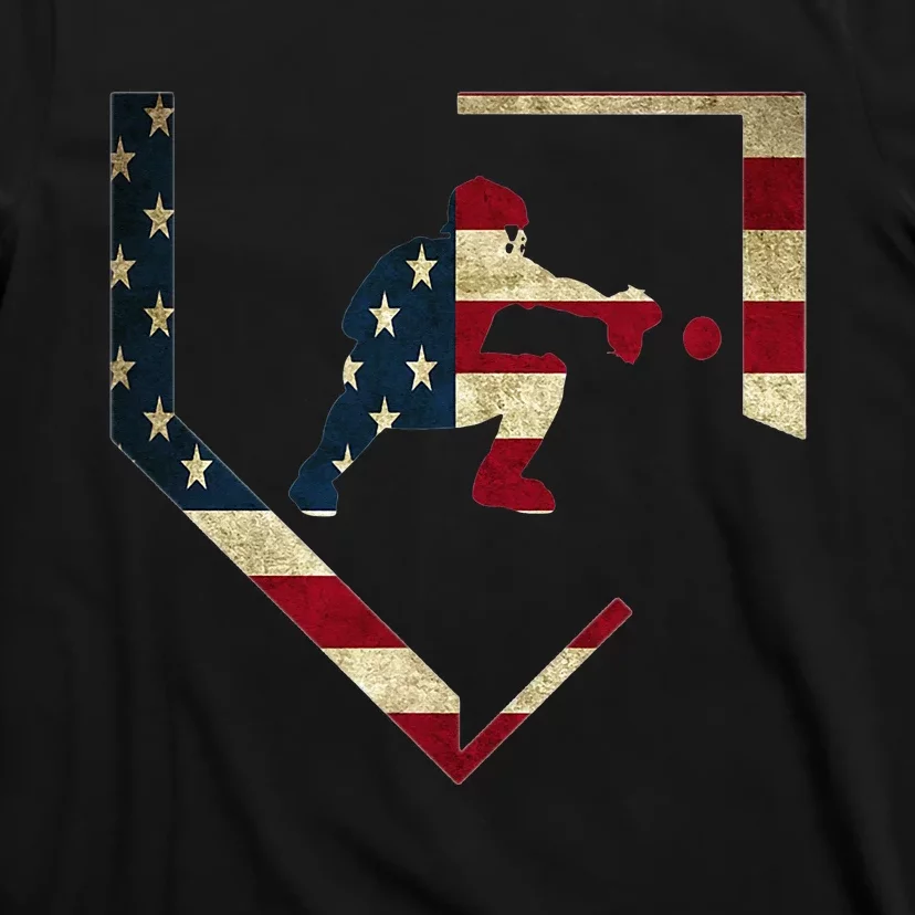 High School Baseball Catcher Gear American Flag Gift Sports T-Shirt